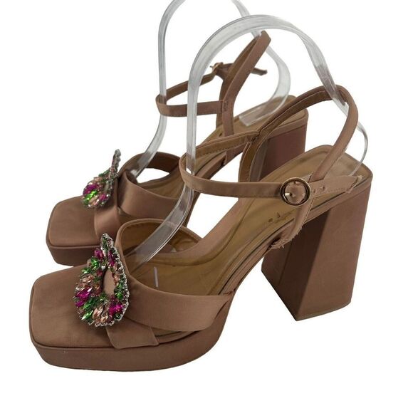 ZARA Rhinestone Embellished Platform Sandal Chunky Heel Sz 41 US 10.5 Tan Satin - Picture 3 of 12